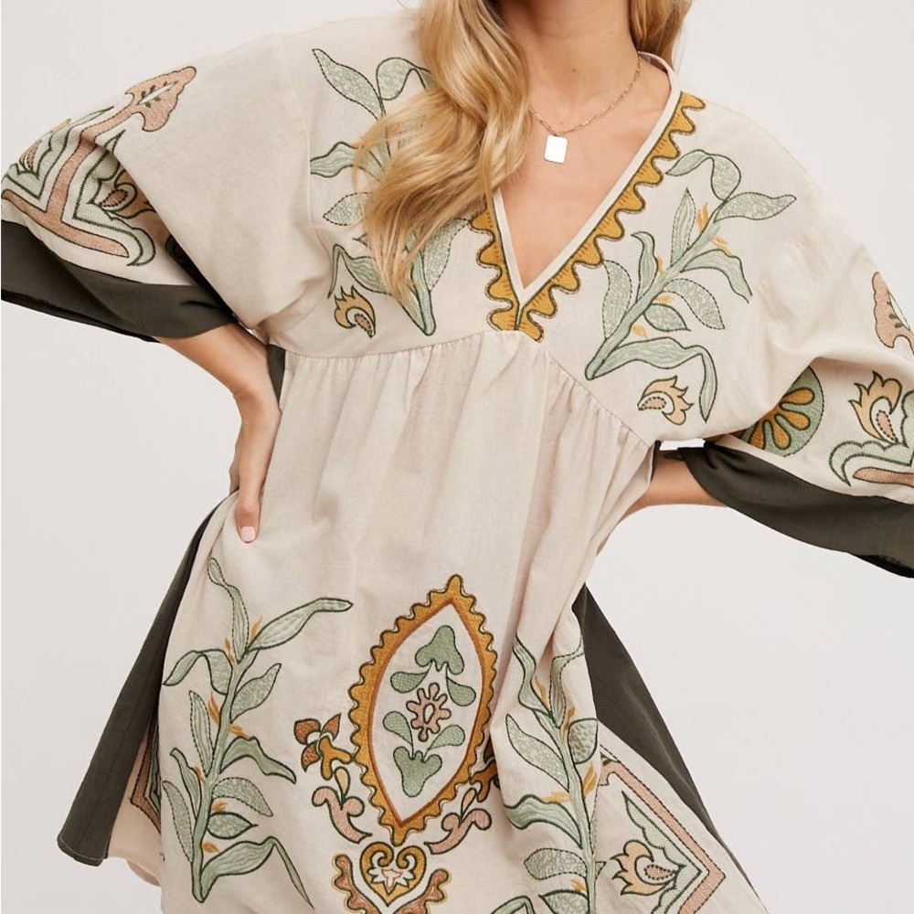 Sunday Up Boutique Bohemian Floral Embroidered Babydoll Dress Sz M